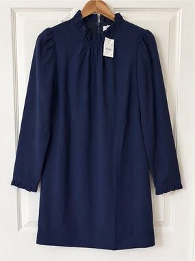 NWT J.Crew Factory Navy Ruffleneck Long Sleeve Shift Dress Size 0